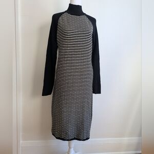 Title Nine Striped Black & Cream Wool Turtleneck Midi Dress Size XL